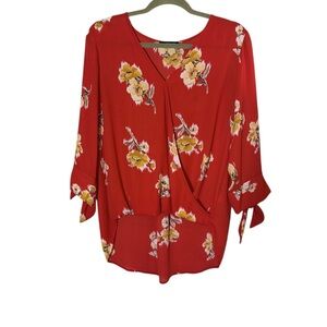 West Kai Women’s Floral Red Faux Wrap Blouse sz M